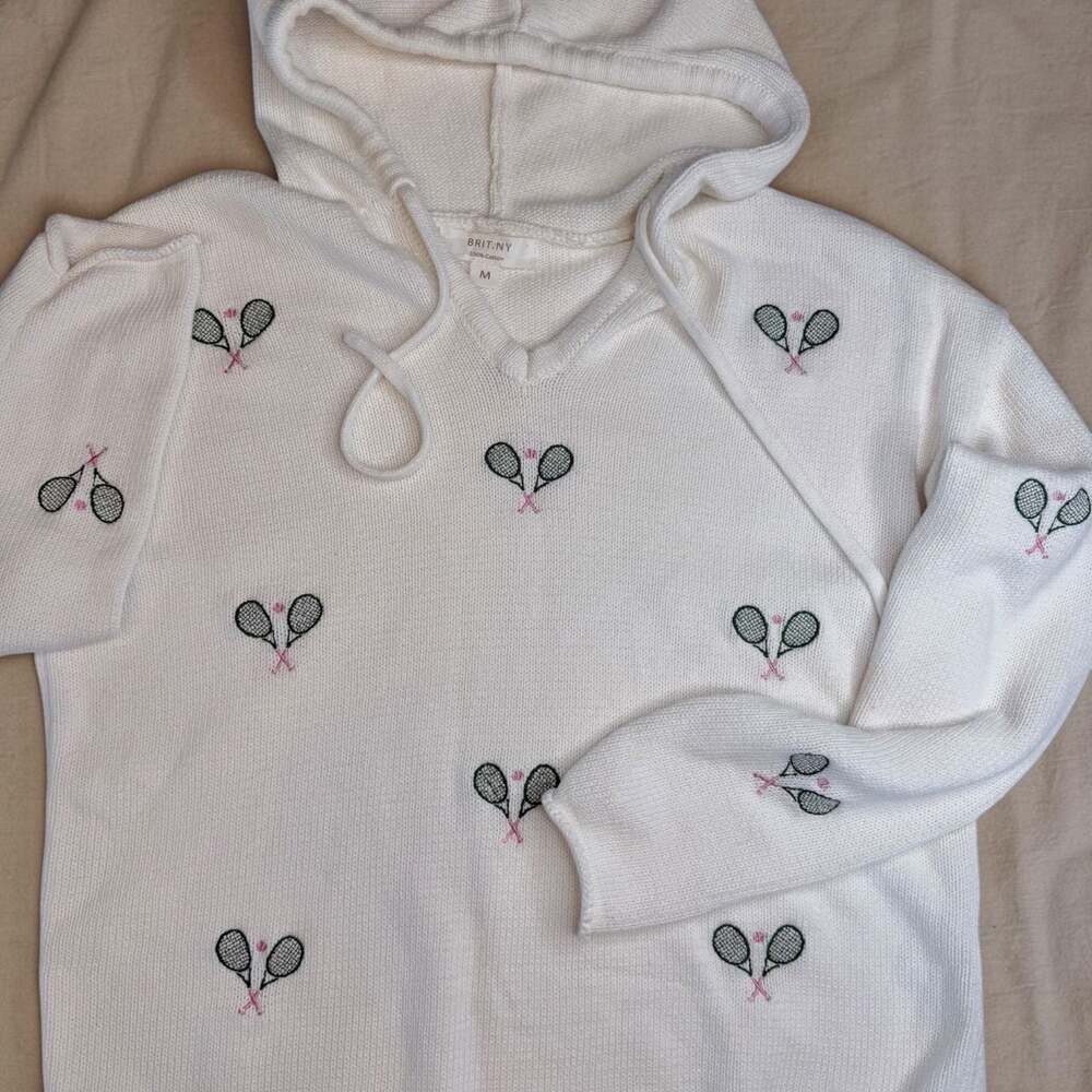 Tenniscore Embroidered Cotton Hooded Knit Sweater M